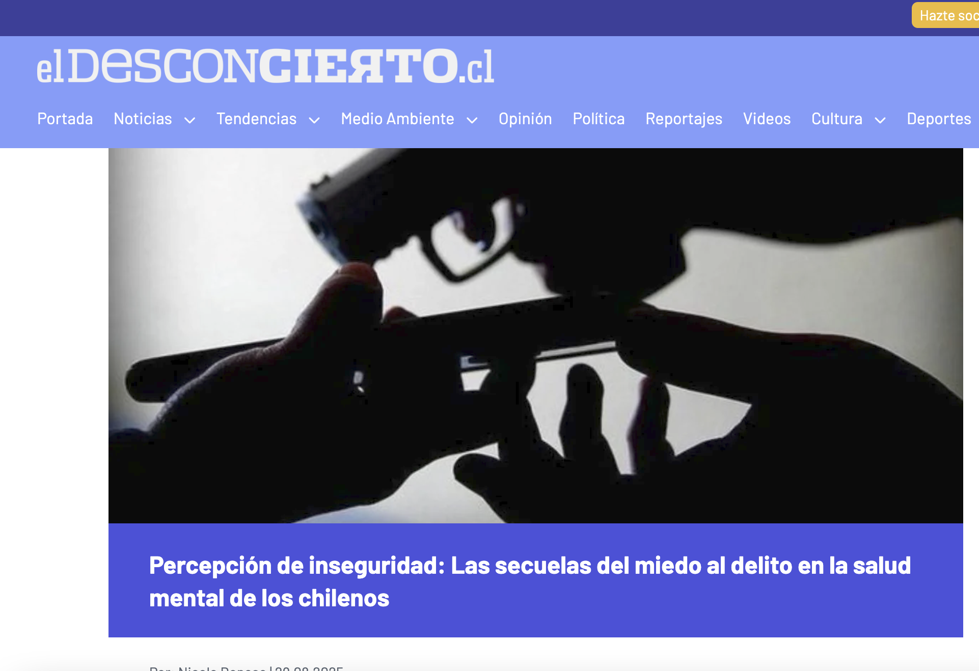 captura de pantalla de la portada y titular de la noticia publicada en el medio "El desconcierto" 