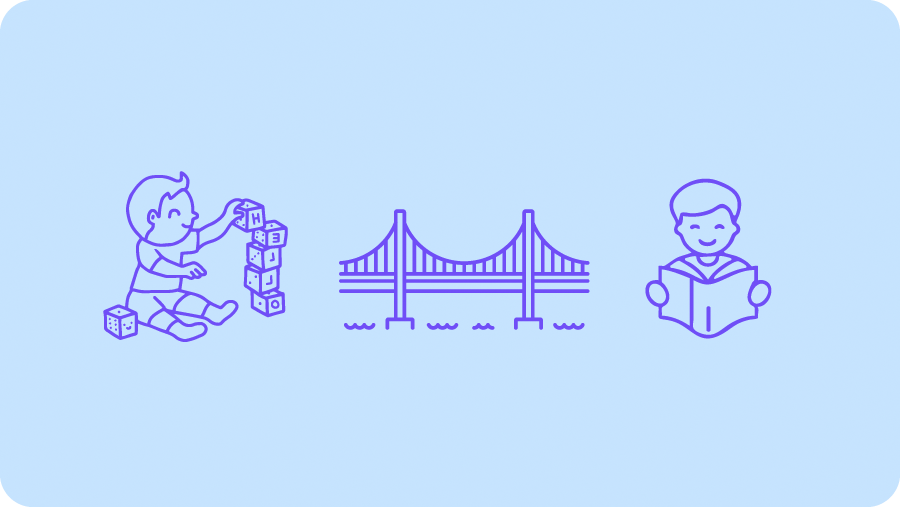 Ilustración de niño jugando, puente y niño leyendo, representando cómo las funciones ejecutivas conectan habilidades cognitivas y académicas