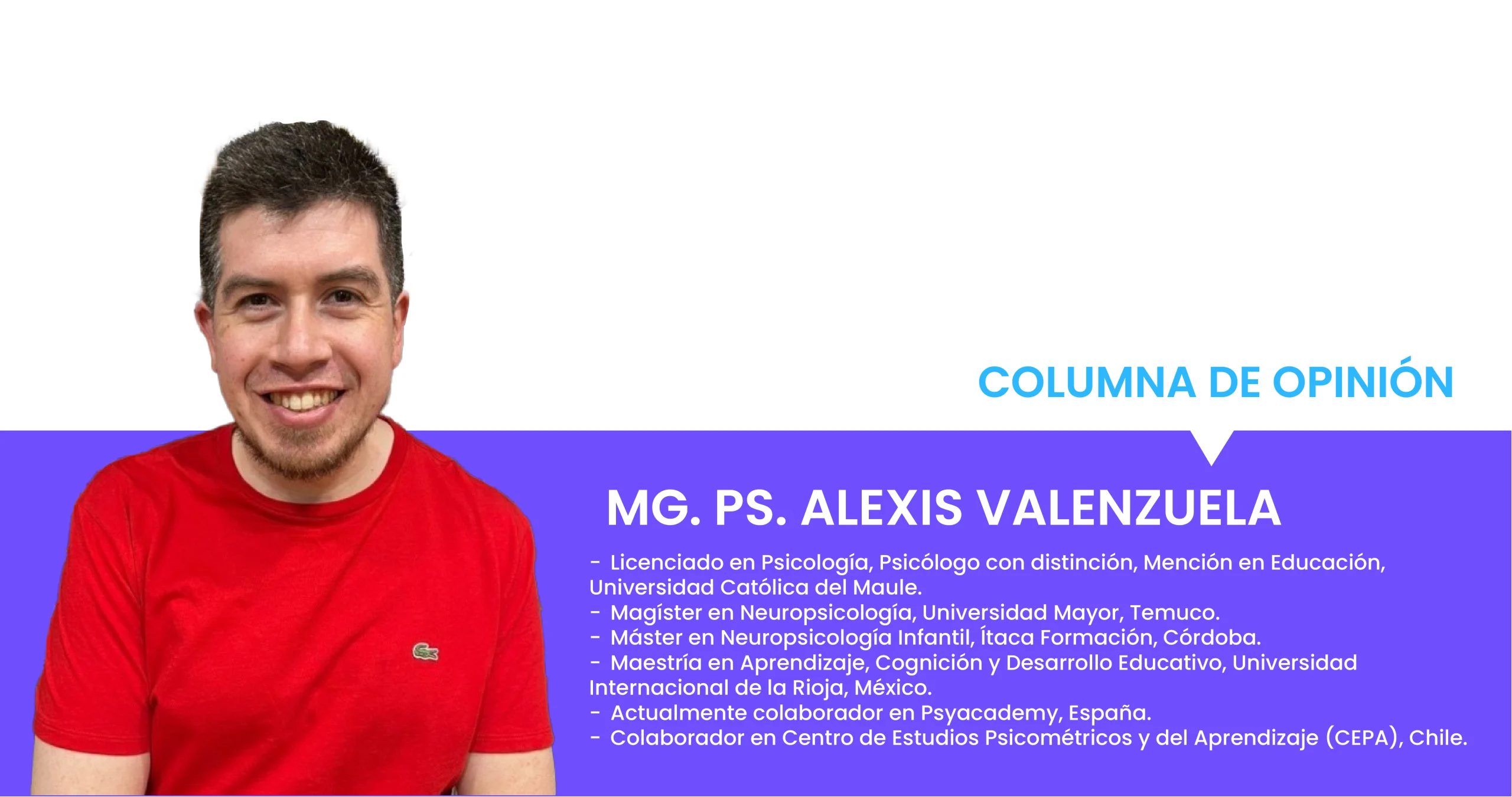 Psicólogo sonriente junto a recuadro que presenta su formación académica y experiencia en psicología