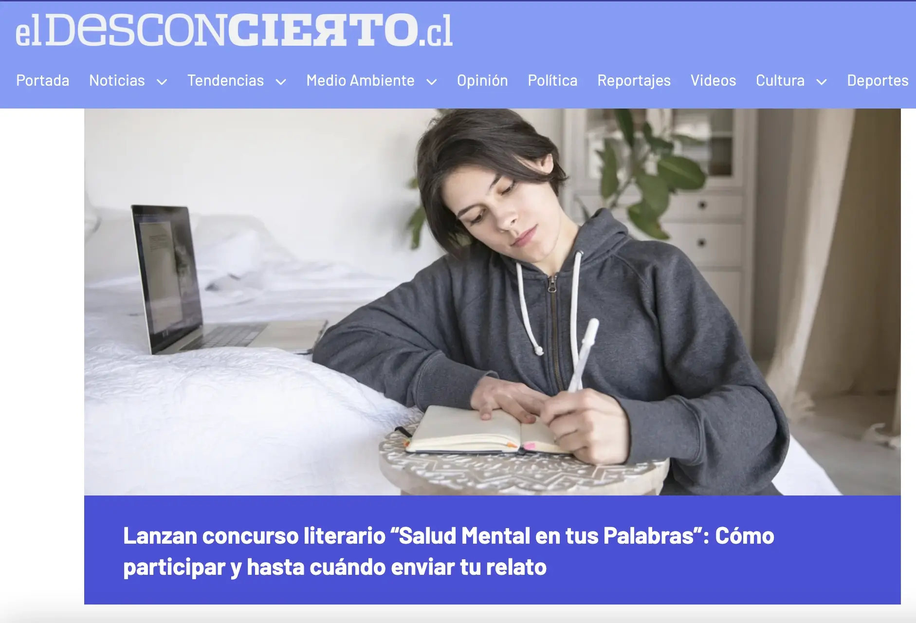 portada noticia en el medio "el desconcierto" sobre el concurso literario de adipa: salud mental en tus palabras
