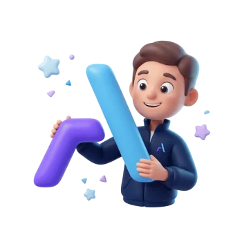 Personaje 3D animado sosteniendo letras decorativas azul y morada con estrellas de colores alrededor.