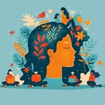 Ilustración de perfil humano rodeado de hojas y personas meditando, representando salud mental y bienestar.